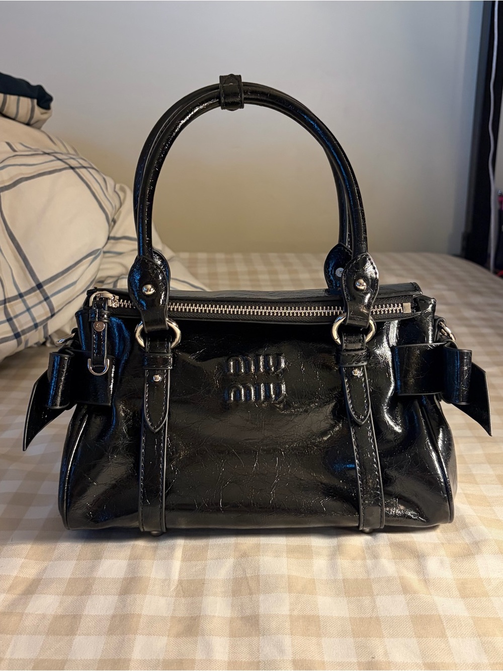 Shiny Leather Top Handle Bow Bag